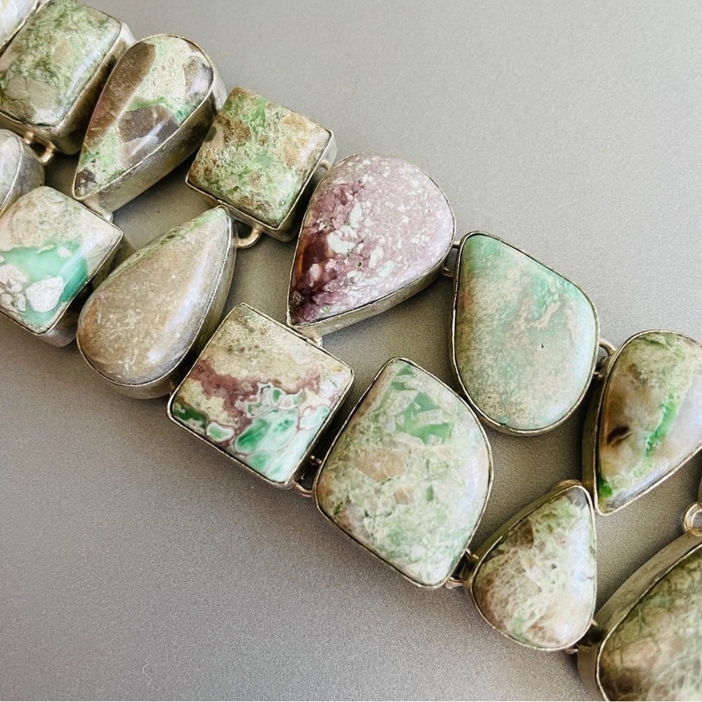 MASSIVE VARISCITE AGATE STERLING SILVER HUGE DOUBLE ROW TOGGLE CLASP BRA… - Picture 5 of 11